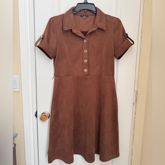 TOMMY HILFIGER SHIRTDRESS. FAUX SUEDE A-LINE. FLATTERING. ELEGANT BROWN COGNAC - Picture 13 of 16